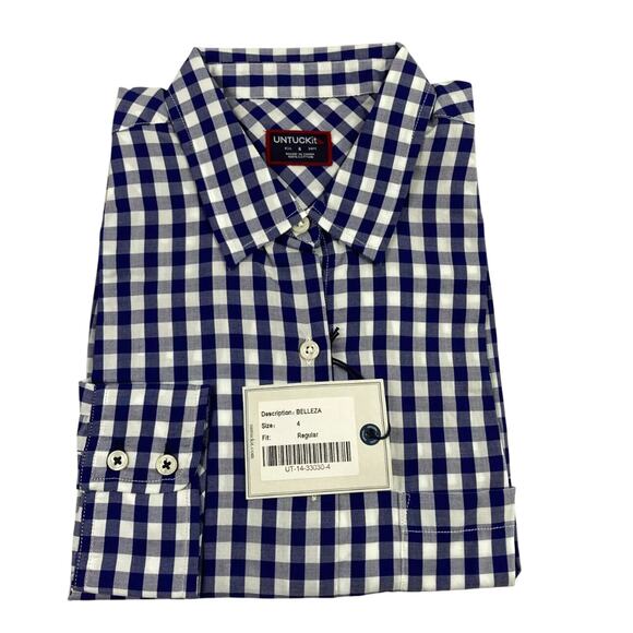 UNTUCKIT Belleza Button Up Long Sleeve Blue White Gingham Shirt Size 16 - Picture 4 of 5